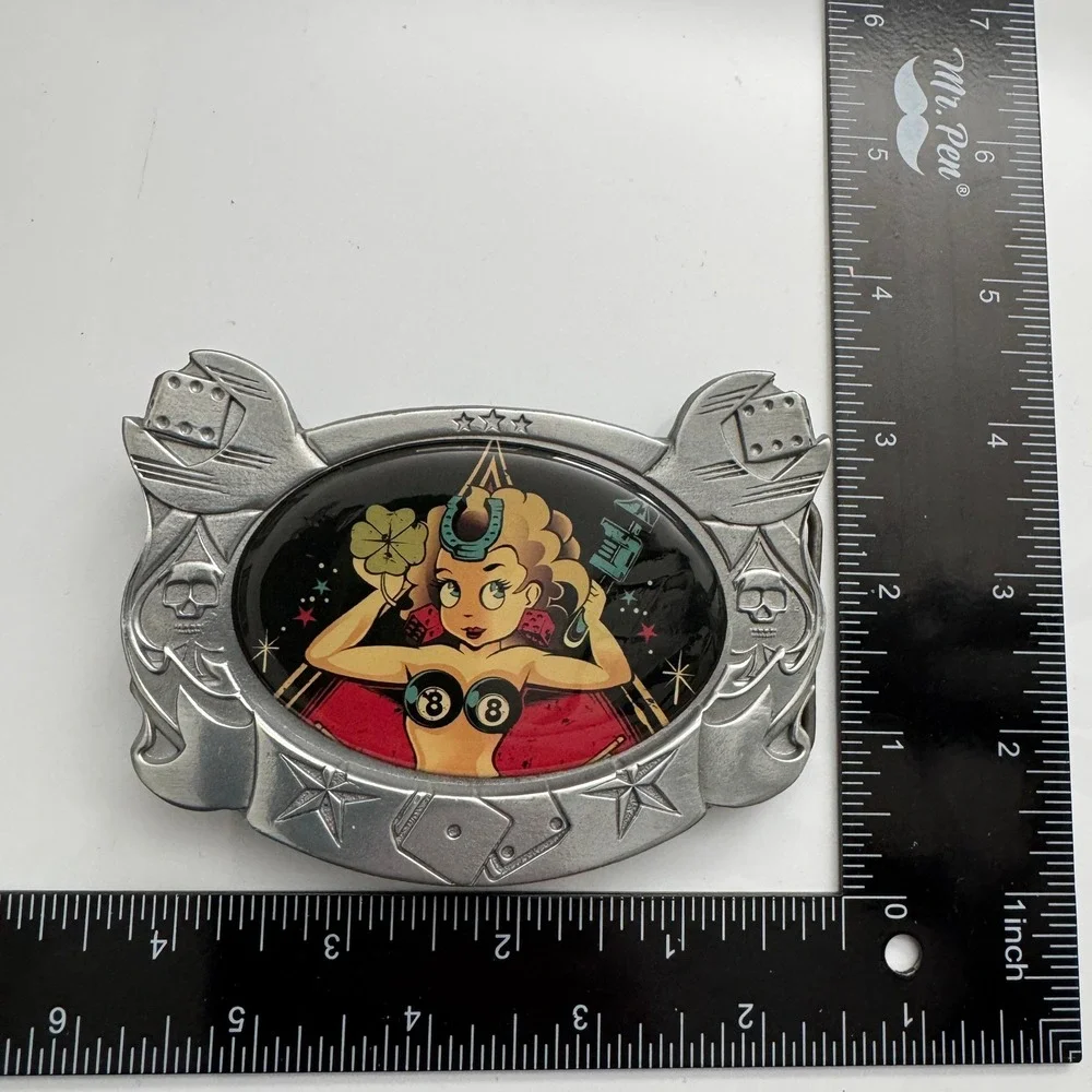 D. Vicente Pin Up Girl Lucky Horseshoe Dice 8 Ball Belt‎ Buckle Made in Mexico